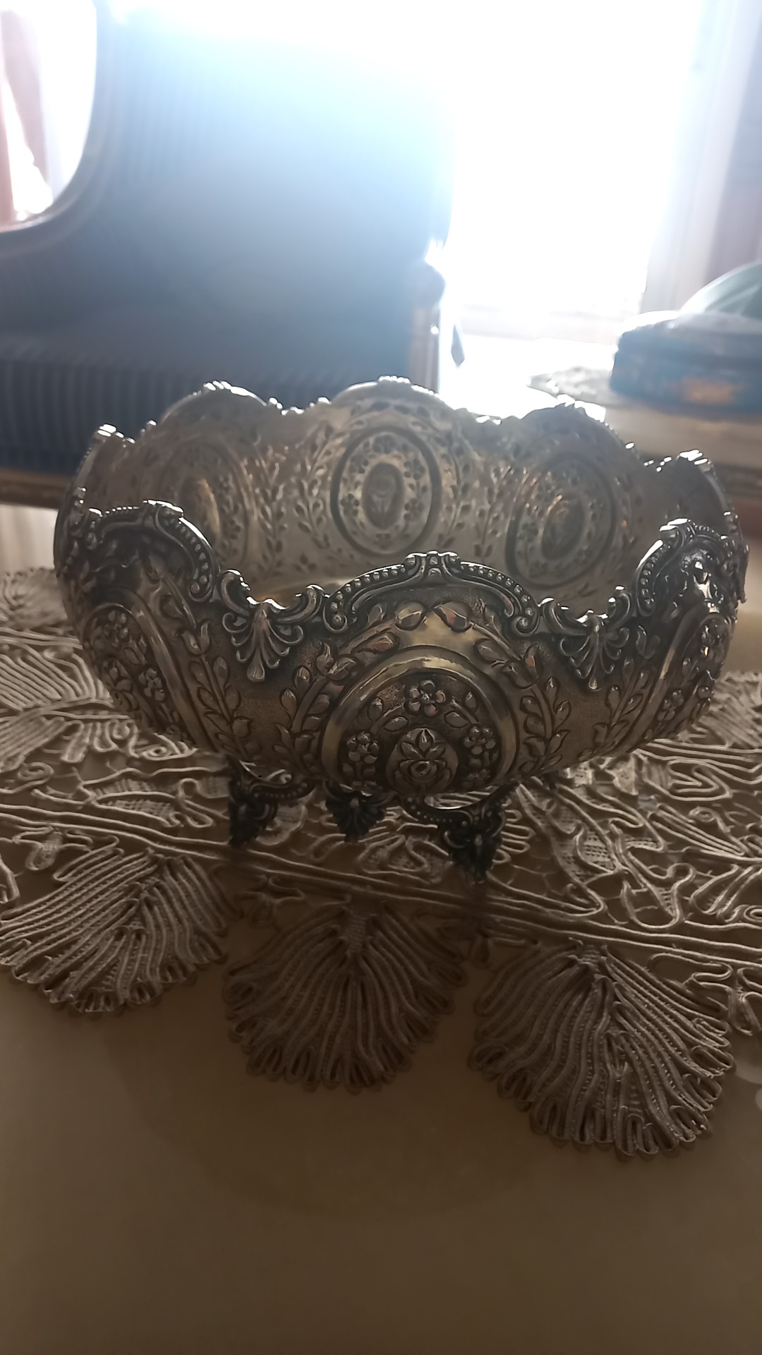 Ottoman Style Embossed Metal Footed Bowl - decorative collectible