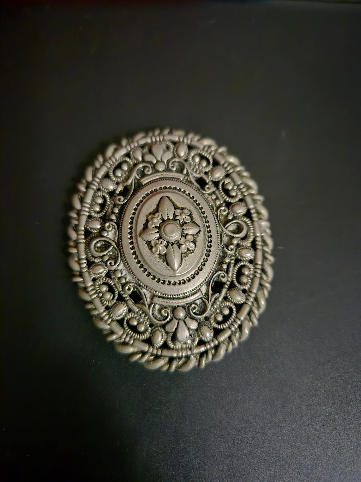 Intricately Filigreed Silver-Tone Brooch or Pendant