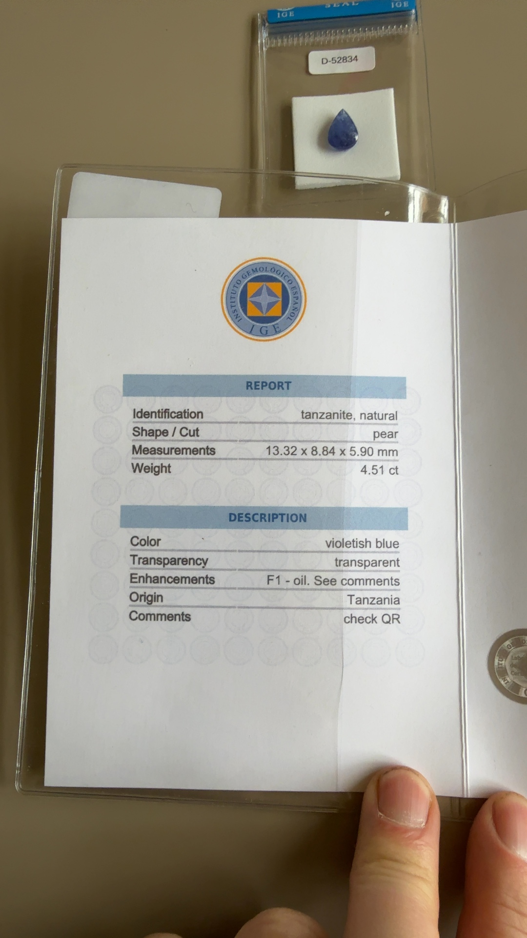 4.51ct Natural Tanzanite (Pear Cut, IGE Certified) - view 2