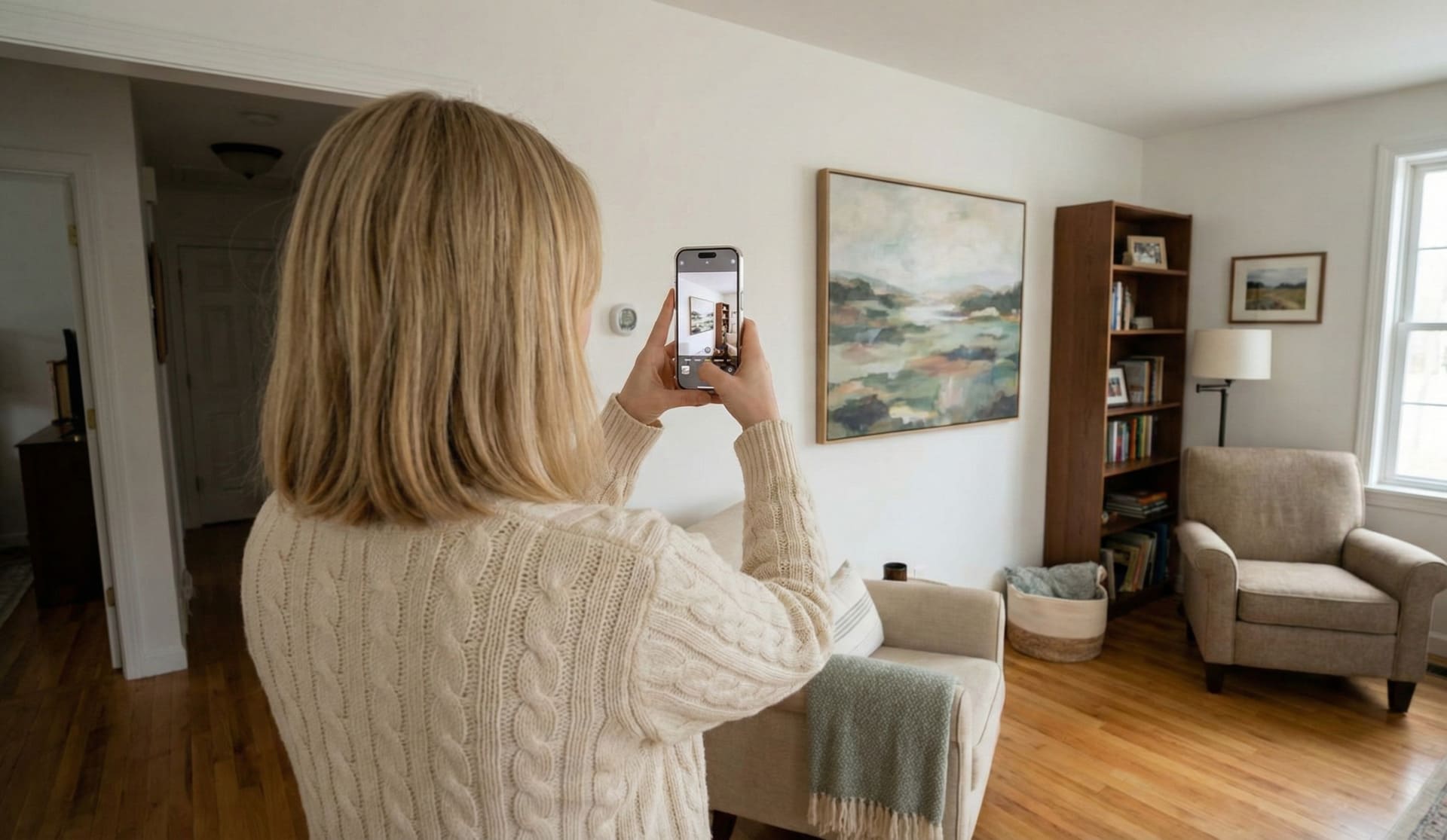 Woman scanning a landscape painting with her smartphone using Curiosa