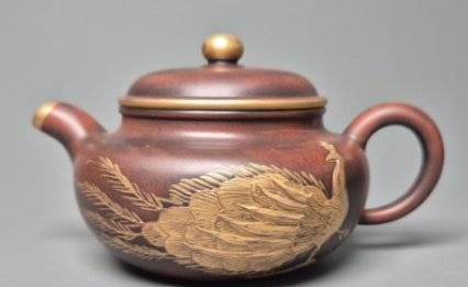 Yixing Zisha Teapot with Gilt Peacock Decoration - ceramics collectible