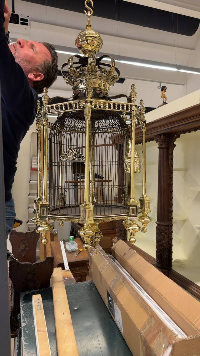 Architectural Crown-Top Brass Birdcage - interior collectible