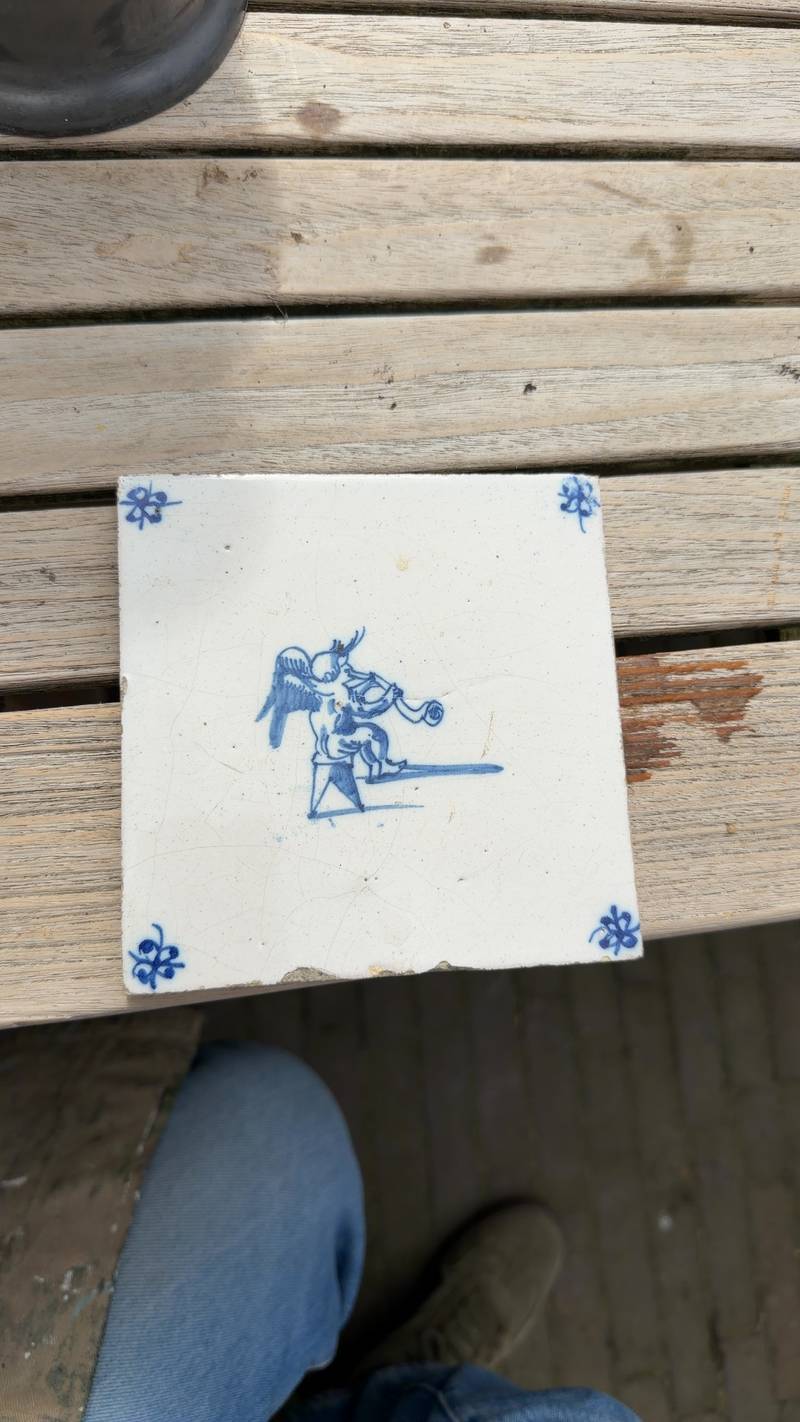 Delft Blue Tin-Glazed Earthenware Tile with Putto - ceramics collectible