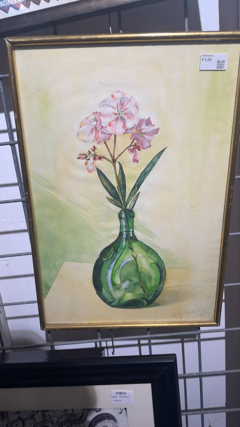 Floral Still Life in Green Bottle, Watercolor - paintings collectible