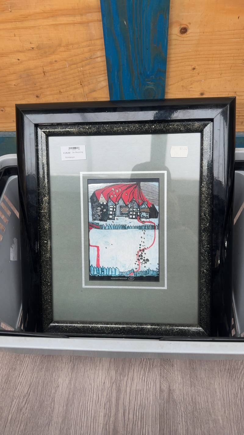 Framed abstract print in the style of Hundertwasser with red roof and blue foreground, late 20th century. - view 1