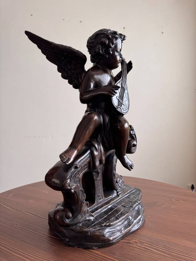 Bronze-Finished Musician Cherub Figurine, after the Antique - antiques collectible