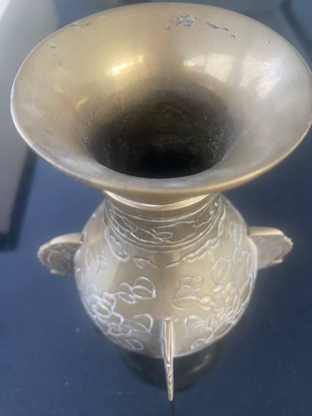 Chinese Brass 'Gu-style' Vase with Floral and Geometric Engravings - asian collectible