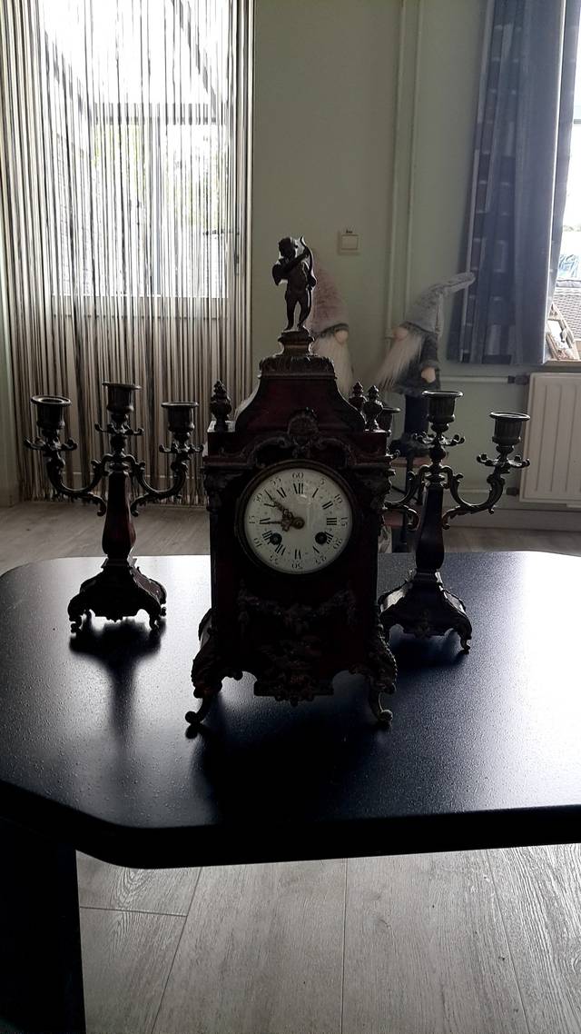 French Boulle Style Mantle Clock Garrison Garniture Set (c. 1880-1910) - antiques collectible