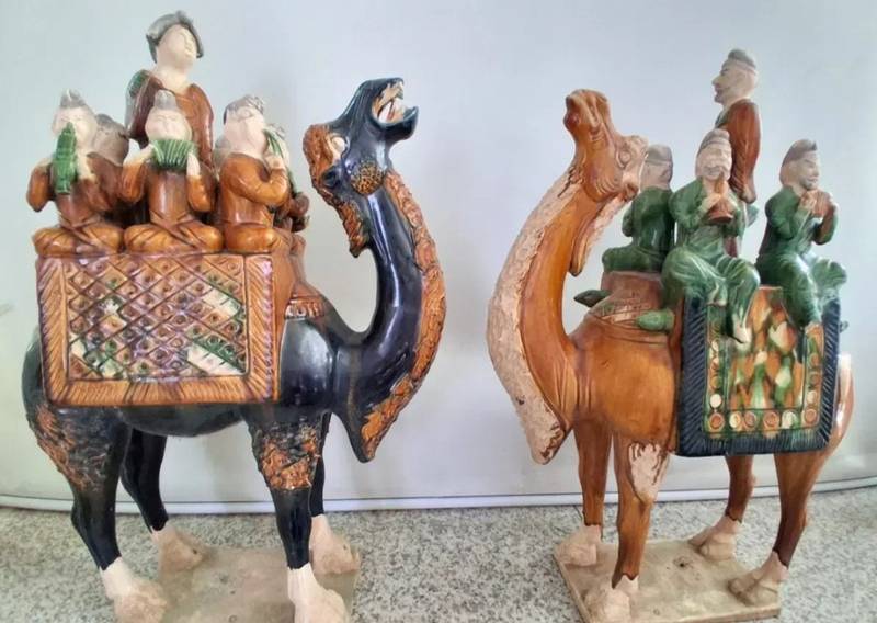Sancai-Style Ceramic Camel Figures with Musicians - ceramics collectible