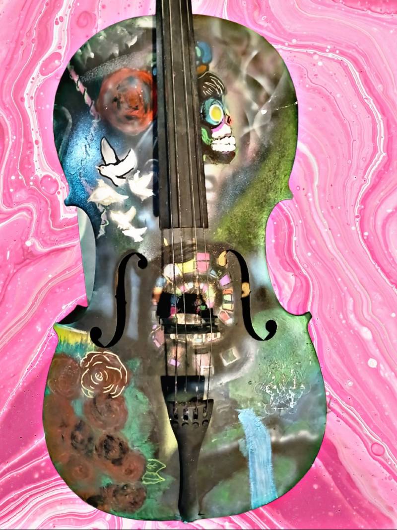 Dash Rogerz - Hand-Painted UV-Reactive Cello Assemblage, Mixed Media on Wood, c. 2015-2024 - art collectible