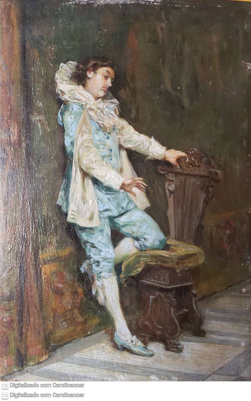 Oil painting depicting a young man in 18th-century blue and white clothing, leaning against a wall.