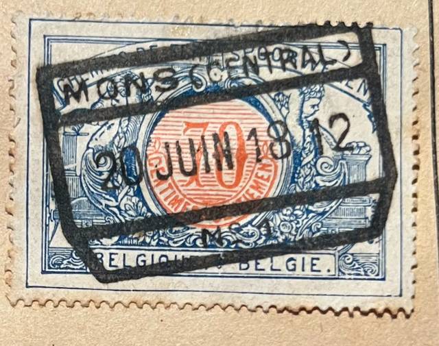 Belgium 1912 definitive series postage stamp, 10-centime carmine on blue frame, cancelled 'MONS S-GENERAL' - stamps collectible