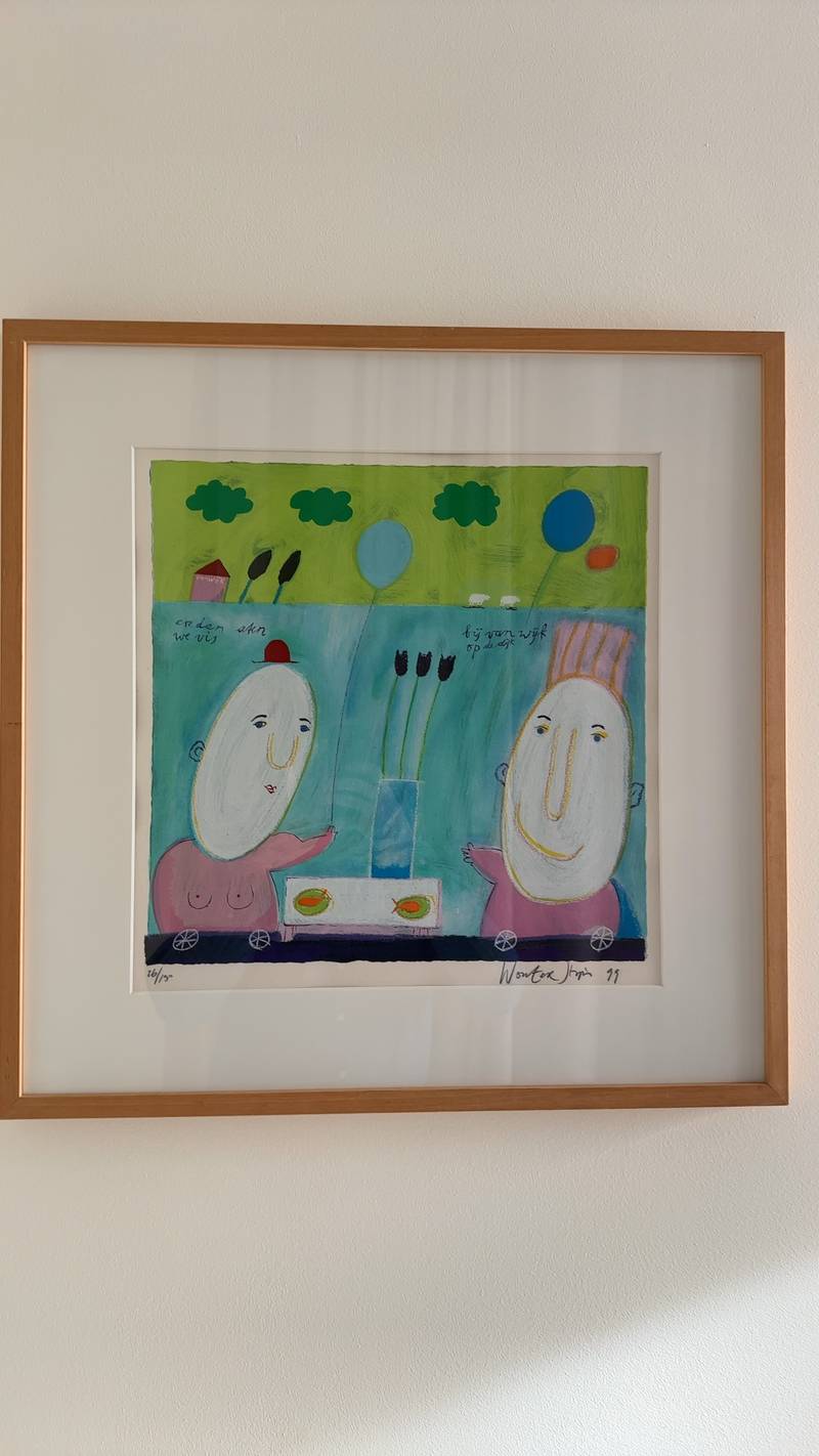 Framed limited edition print by Wouter Tulp, dated 1999, featuring two large-headed figures, balloons, and tulips in a whimsical style.