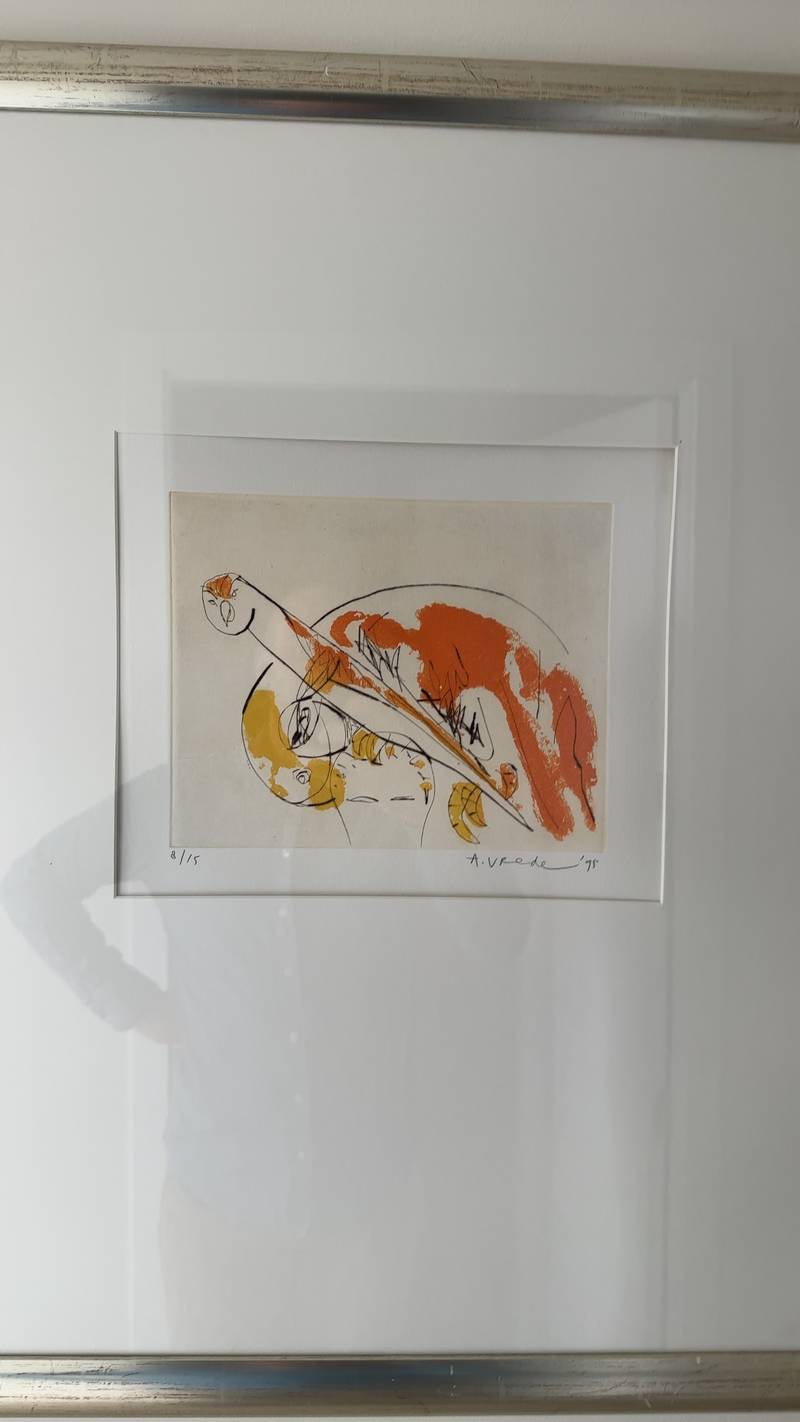 Framed abstract lithograph by A. Vrede from 1975, featuring orange, yellow, and black expressive marks.