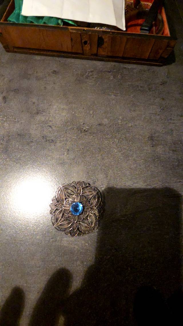 Silver Filigree Brooch with Blue Paste or Glass Centerpiece - jewelry collectible