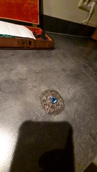 Silver Filigree Brooch with Blue Paste or Glass Centerpiece - view 3
