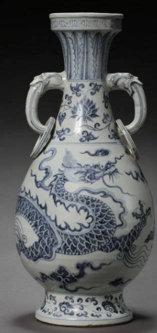 Chinese Blue and White Dragon Vase with Ring Handles - ceramics collectible