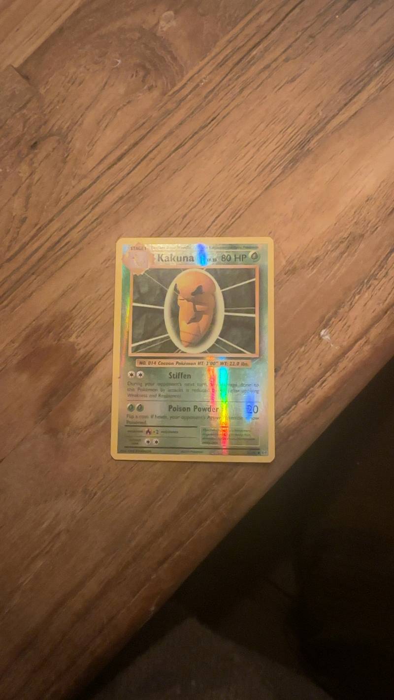 Holographic Kakuna Pokémon card from the 1999 Base Set, card number 50/102, featuring an 80 HP cocoon Pokémon.