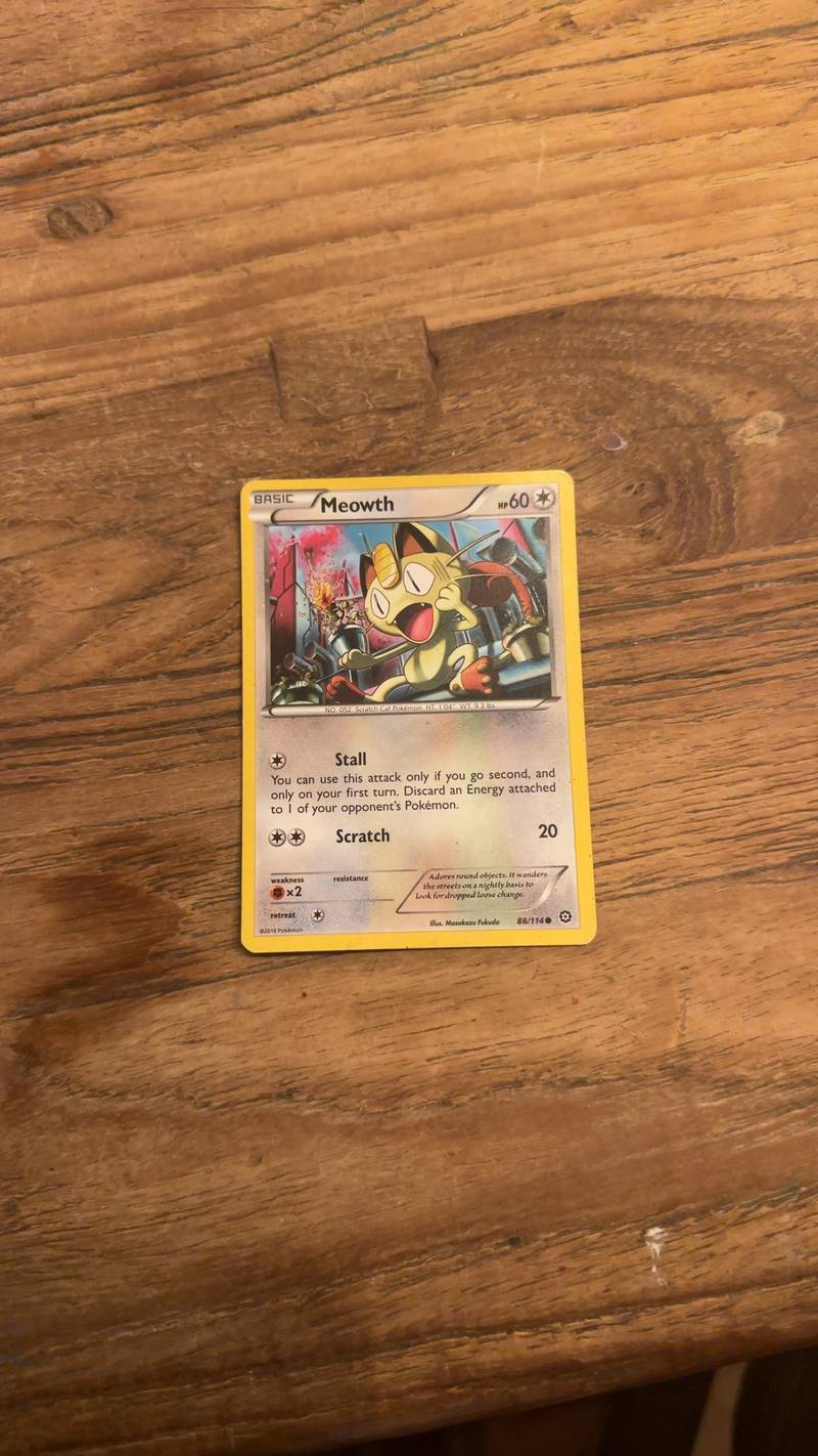 Pokémon TCG card featuring Basic Meowth from the XY Steam Siege set, number 88/114, illustrated by Masakazu Fukuda.