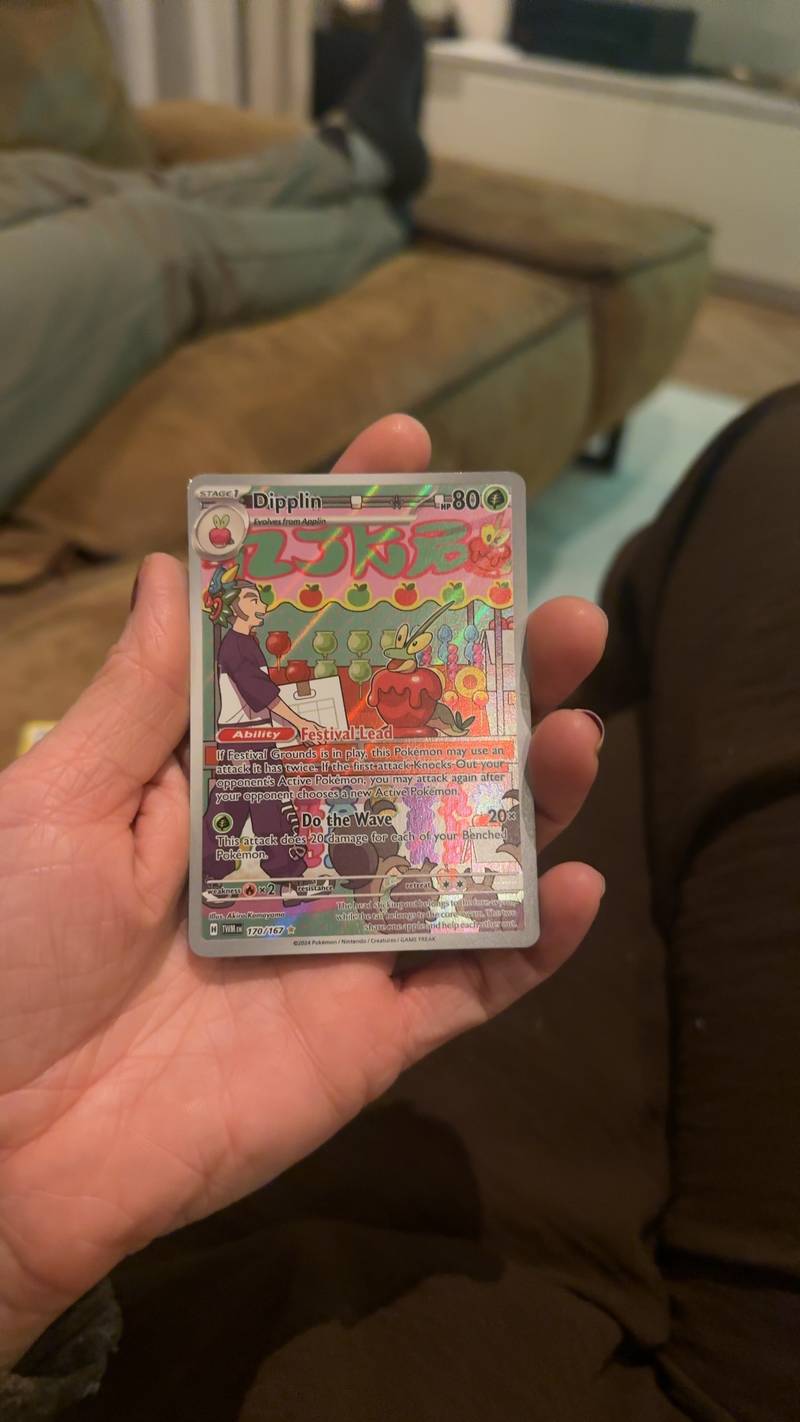 Special Illustration Rare Dipplin Pokémon trading card from Twilight Masquerade set, 170/167, held in hand, featuring full art.