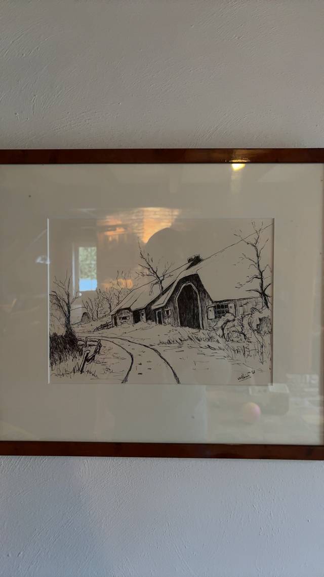 Winter Barn Scene, Pen and Ink Drawing - art collectible