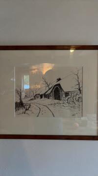 Winter Barn Scene, Pen and Ink Drawing - view 1