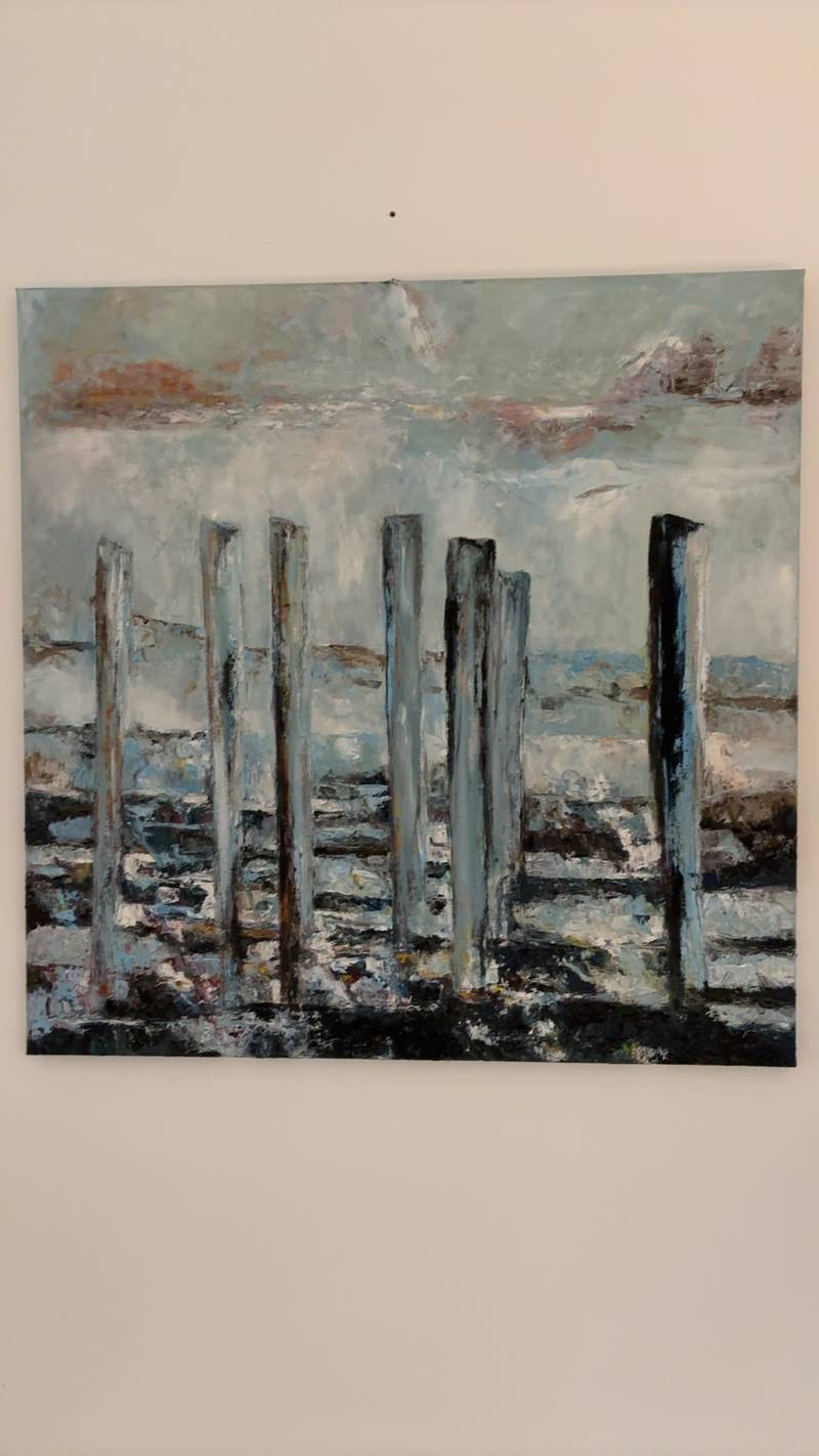 Contemporary Impasto Seascape with Pilings - art collectible
