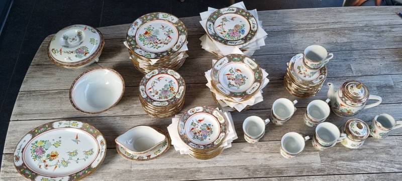 Chinese Porcelain Dinnerware Set, 'Famille Rose' Style with Birds and Botanicals - asian collectible