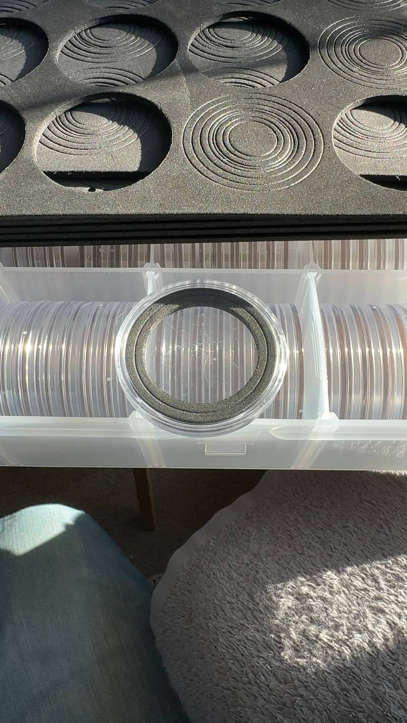 Clear plastic coin capsules with black foam rings, neatly stacked in a storage tray next to a coin display case. - view 1