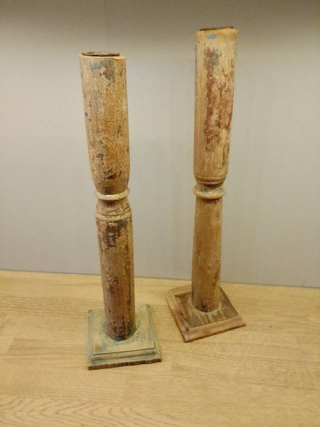 Pair of Distressed Wooden Candle Holders - decorative collectible