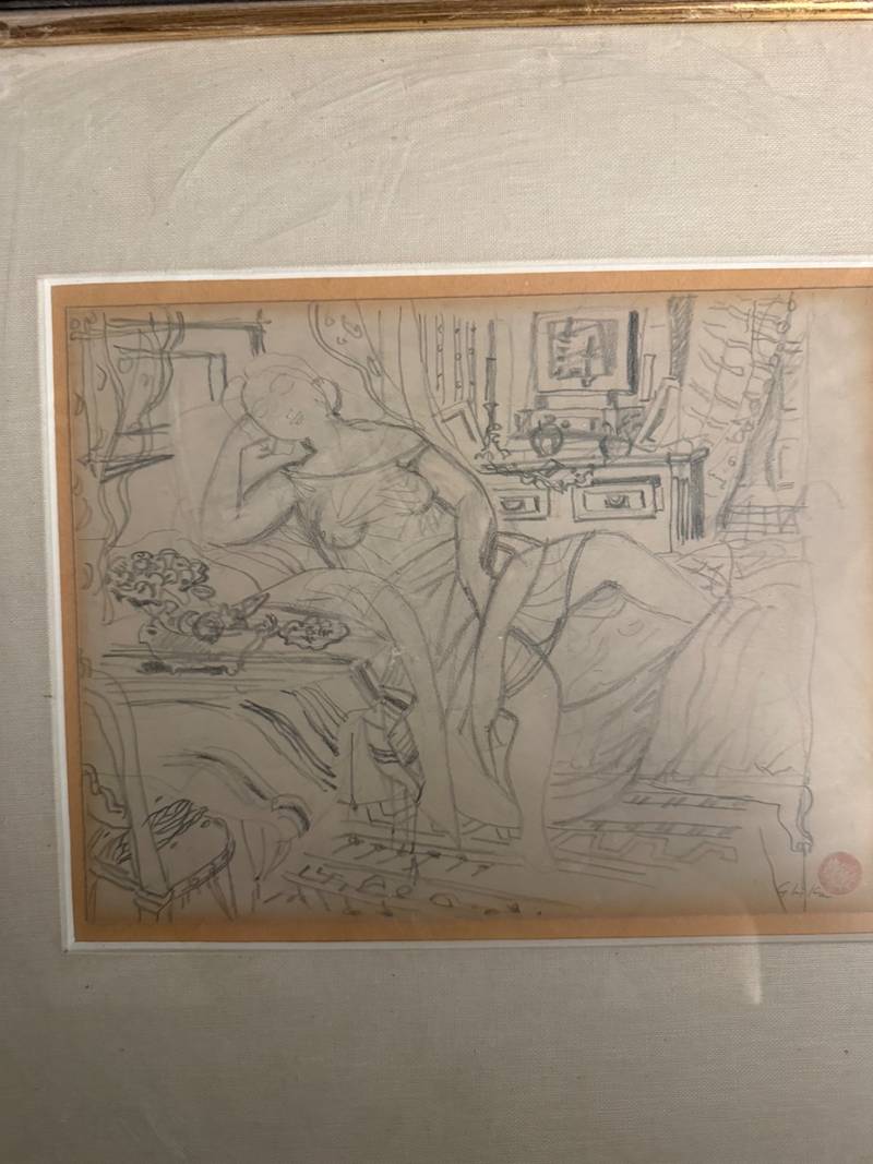 Graphite sketch of a reclining woman in an interior room, signed Ghika with a red stamp. - view 1
