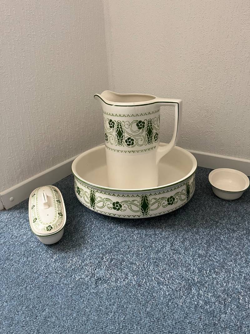 Victorian Era Enameled Ironstone Wash Basin and Pitcher Set - decorative collectible