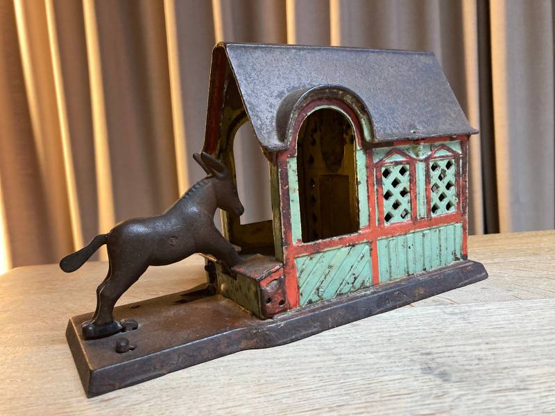 Donkey in Action Cast Iron Mechanical Bank - "Butting Goat" style - toys collectible