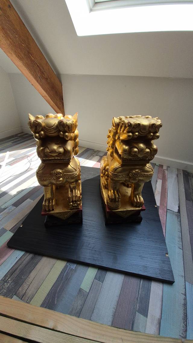 Pair of Chinese Giltwood Guardian Lions (Shi) - asian collectible