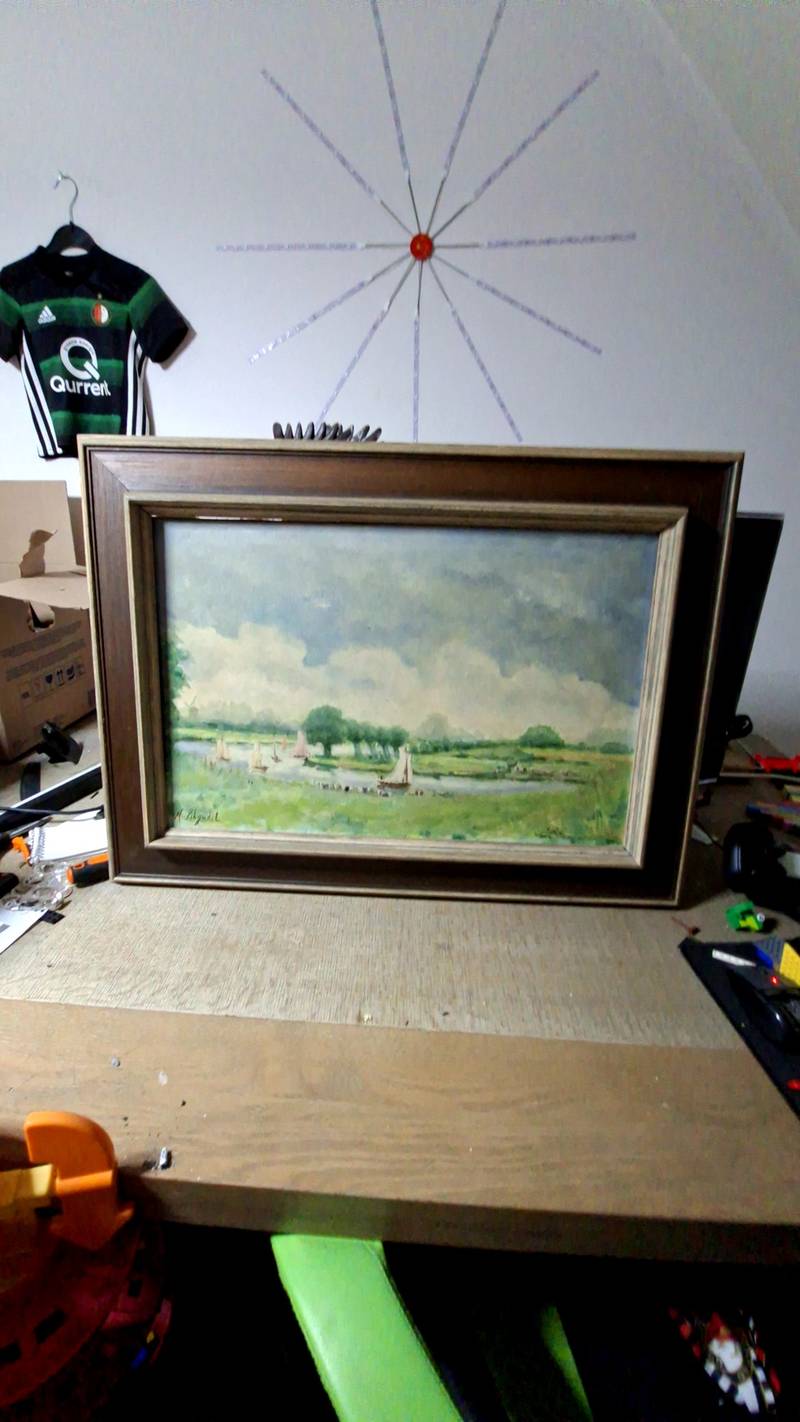 Oil painting of a Dutch river landscape with sailboats and trees under a cloudy sky, signed M. Schijndel, in a tiered wooden frame. - view 1