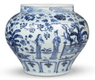 Chinese Blue and White Guan Jar with Figurative Garden Scene - ceramics collectible