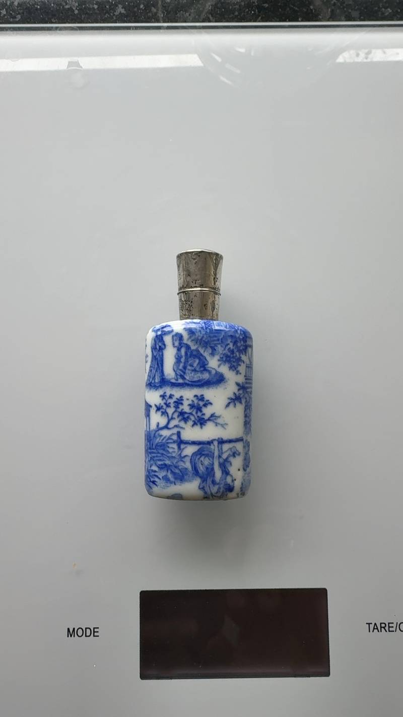 Blue and White Ceramic Scent Bottle with Silver Mounts - ceramics collectible