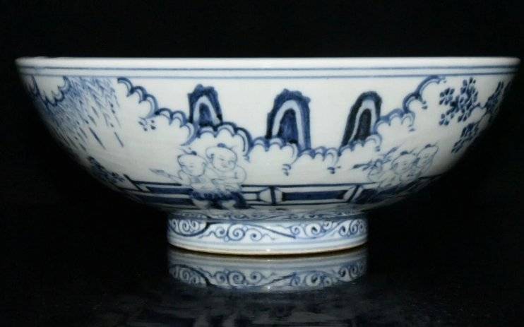 Chinese Blue and White 'Boys at Play' Porcelain Bowl - ceramics collectible