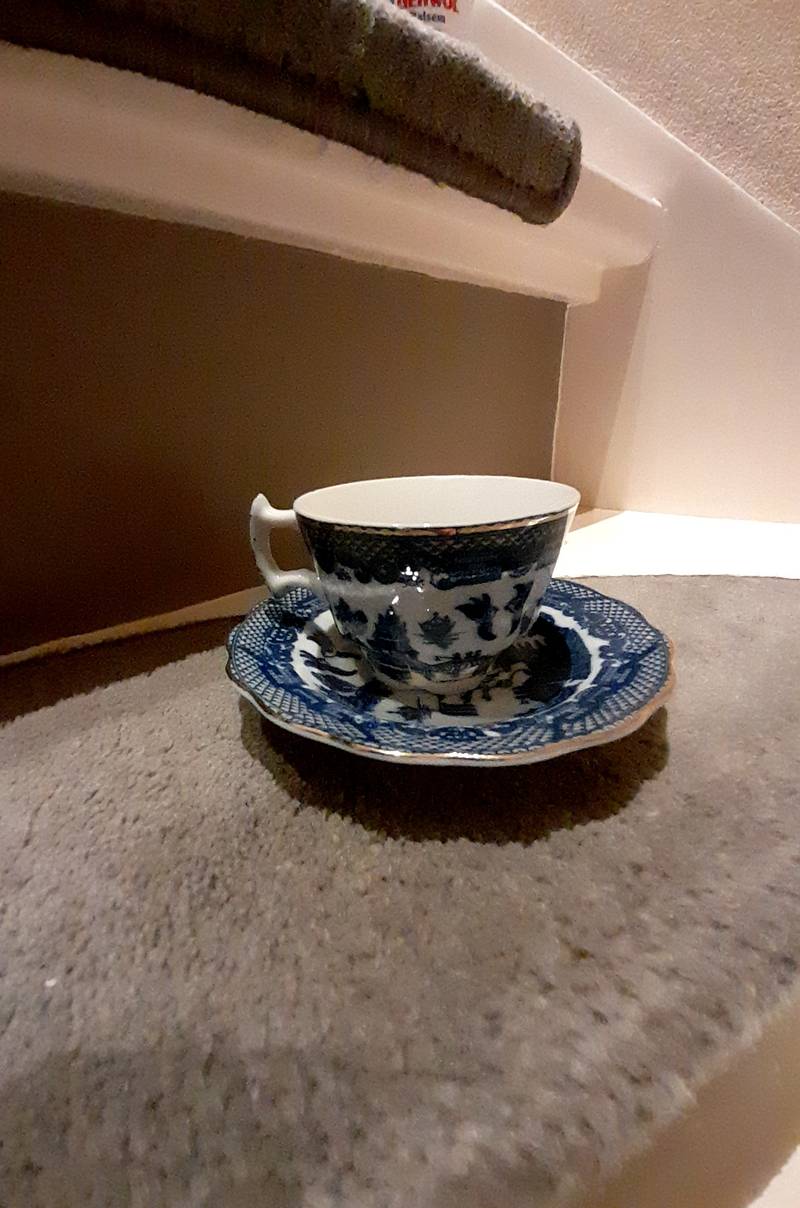 A blue and white Willow pattern ceramic teacup and saucer with gold trim placed on a carpeted step. - view 1