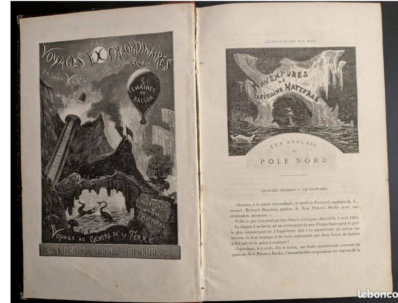 Vintage French book Jules Verne Aventures du Capitaine Hatteras with red leather spine and illustrated title page - view 1