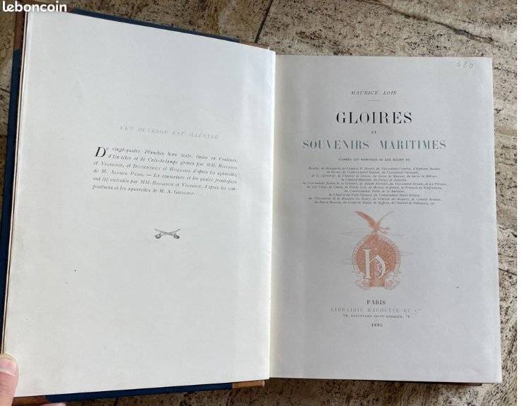 1895 French maritime history book Gloires et Souvenirs Maritimes by Maurice Loir, with gilt-stamped blue and leather binding. - view 1