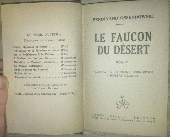 Title page and quarter-bound spine of Ferdinand Ossendowski's Le Faucon du Desert published by Albin Michel Paris. - view 1