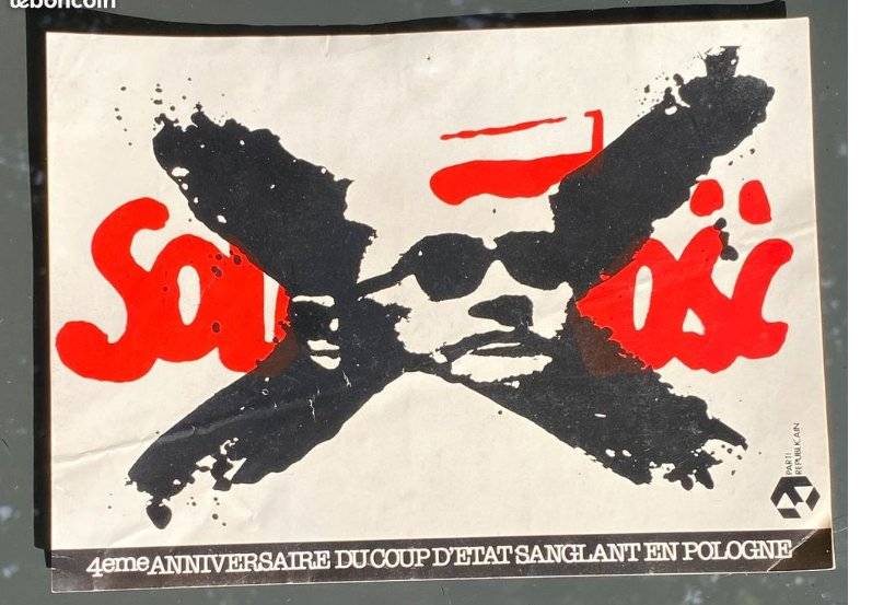 French political poster from 1985 showing General Jaruzelski crossed out over the red Solidarność logo with text about Poland.