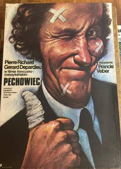 Three surrealist 1980s Polish movie posters, including Wieslaw Walkuski's design for Pechowiec featuring a bandaged man. - view 1