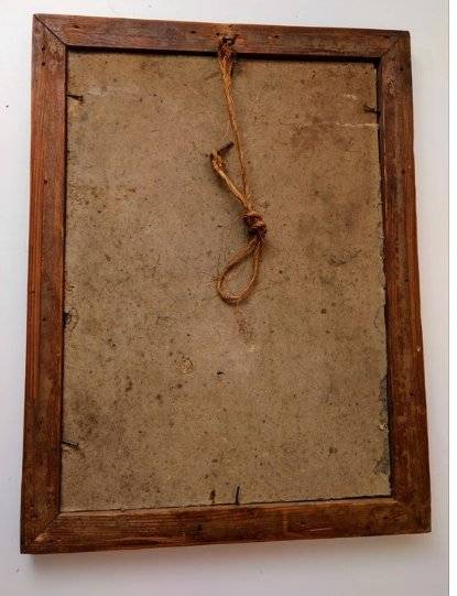 19th-century watercolor sketch of a seated Arnaut soldier in a rustic wooden frame, showing heavy foxing and water stains. - view 1