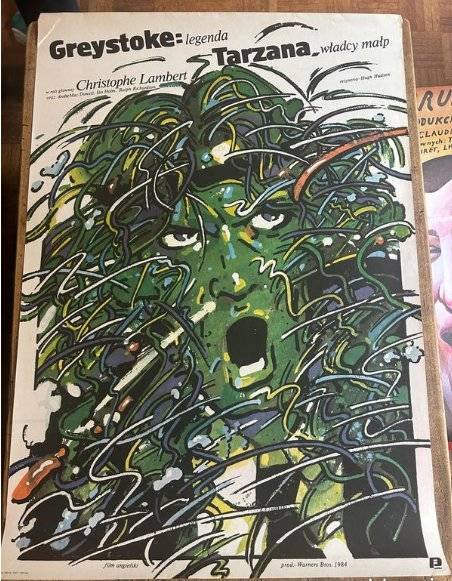 Polish movie poster for Greystoke Legend of Tarzan 1984 featuring green graphic illustration of Tarzan