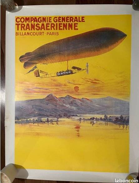 Vintage aviation poster for Compagnie Générale Transaérienne showing Astra dirigible over water at sunset