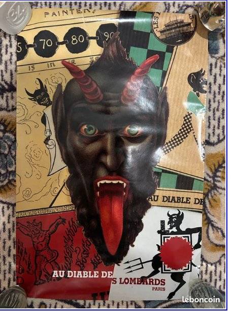 Commercial offset lithograph poster for Parisian venue Au Diable des Lombards featuring a devil face collage on coated paper.