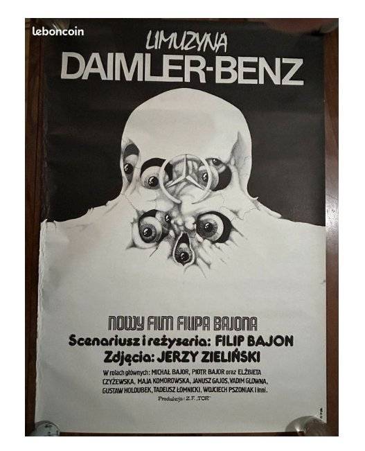 1982 Polish film poster for Limuzyna Daimler-Benz designed by Wiesław Wałkuski featuring a surreal skull with eyes and a Mercedes emblem.