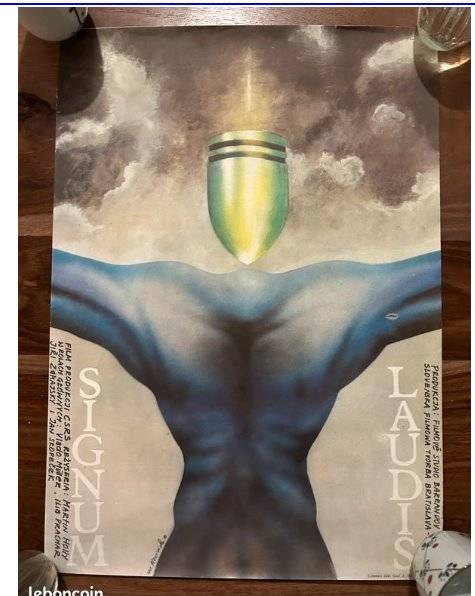 Polish film poster for Signum Laudis designed by Wiesław Wałkuski, featuring a blue muscular back and bullet head on paper.